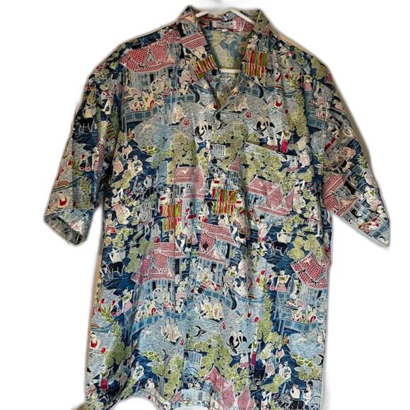 Thai Silk Men’s XL Shirt Blue Red Traditional Scene 100% Silk Buttonup Shrt Slve - Picture 1 of 3
